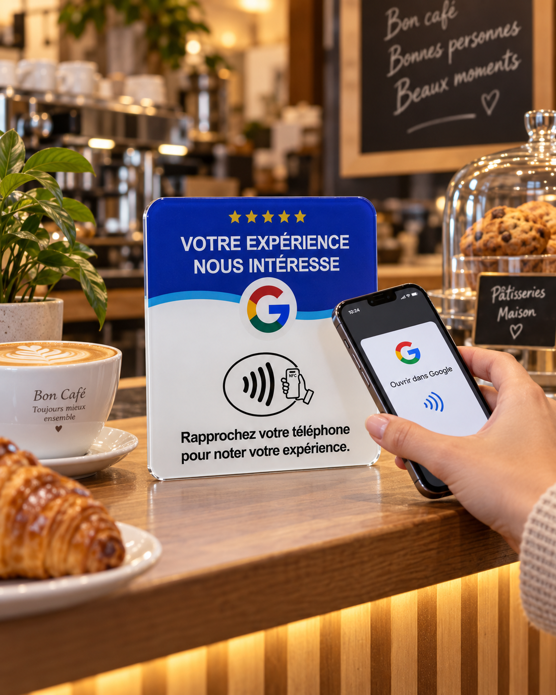 Plaque NFC Aviselo dans un café, prête à ouvrir la fiche Google
