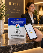 Plaque NFC Aviselo à la réception d'un hôtel pour recueillir des avis Google