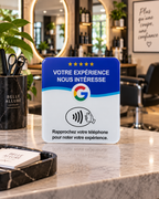 Plaque NFC Aviselo dans un salon de coiffure pour recueillir des avis Google